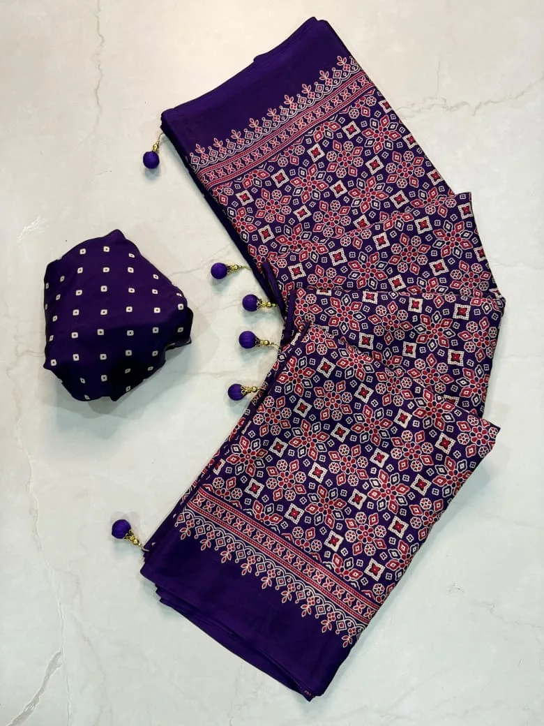Tew Pure Creap Gajji Silk Ajrakh Printed Saree